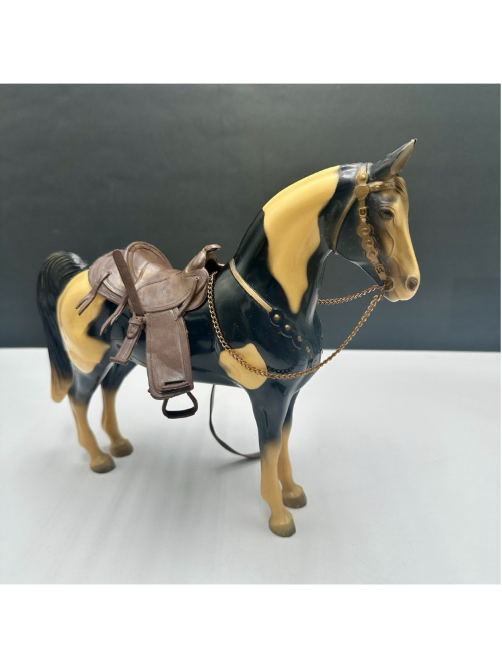 Vintage 50s Breyer USA Black & White Pinto Horse w/Chain & Incomplete Saddle